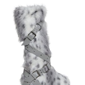 Club Exx Burning Man Faux Fur Strappy Knee High Wedge Platform Boots - White