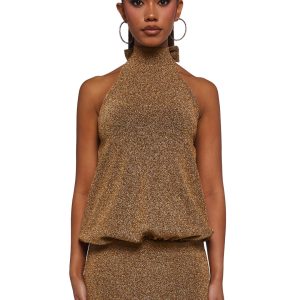 Womens High Neck Glitter Mini Dress - Gold
