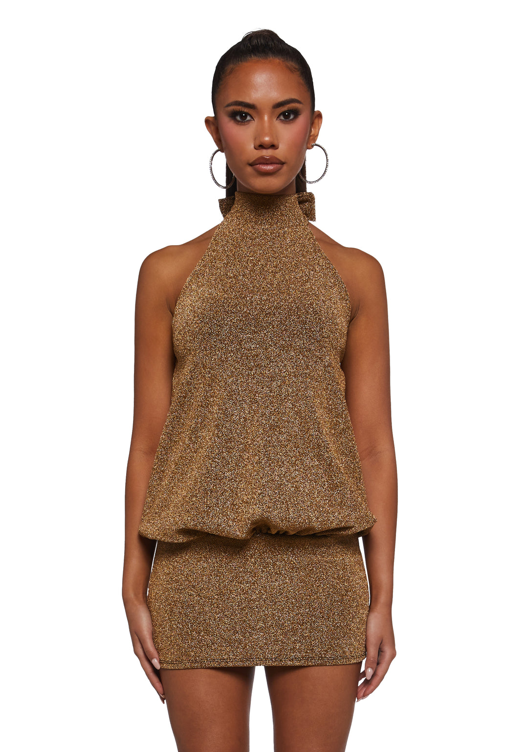 Womens High Neck Glitter Mini Dress - Gold