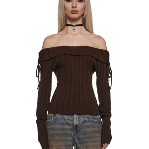 Delia's Academia Cable Knit Off-The-Shoulder Long Sleeve Top - Brown