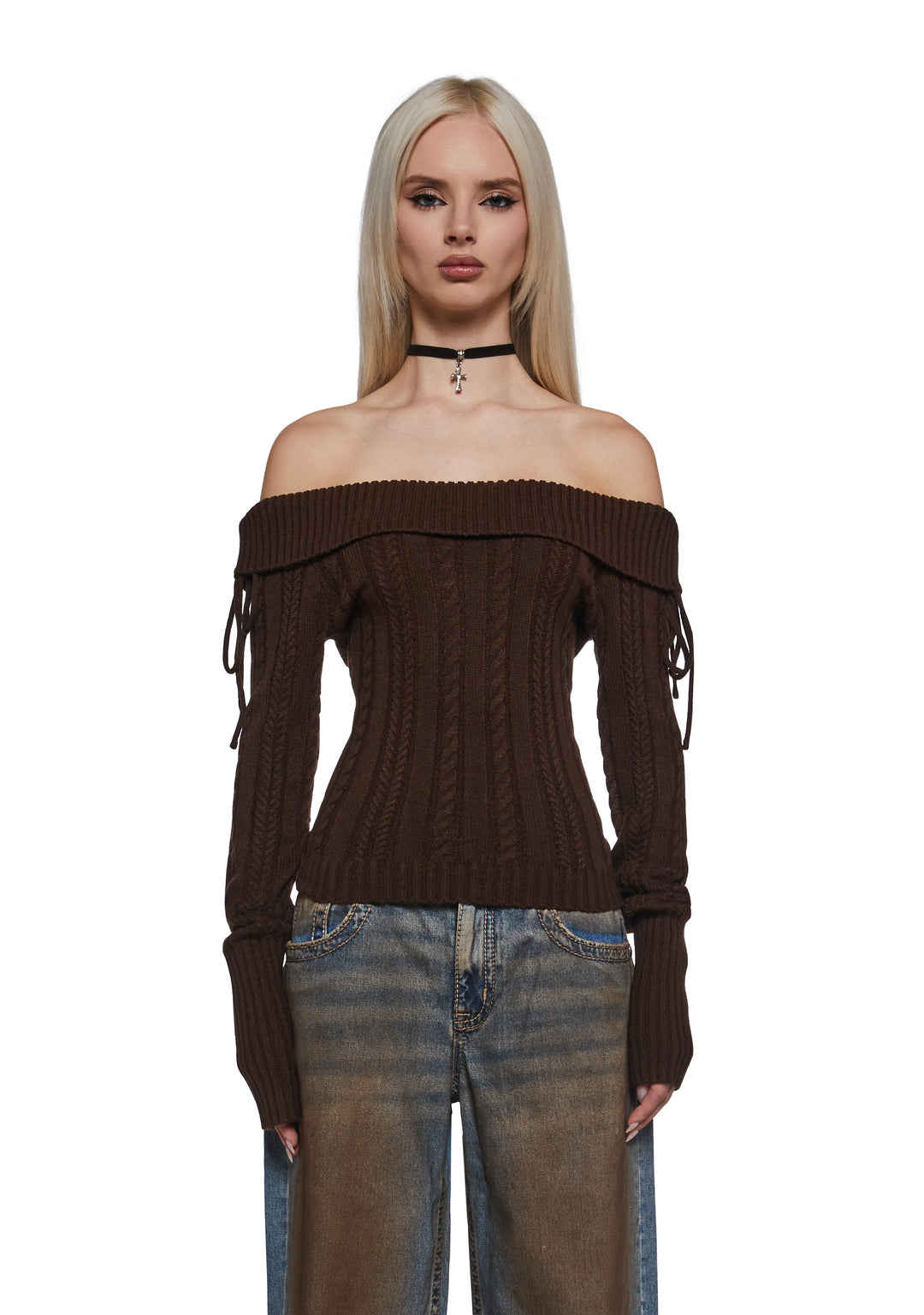 Delia's Academia Cable Knit Off-The-Shoulder Long Sleeve Top - Brown