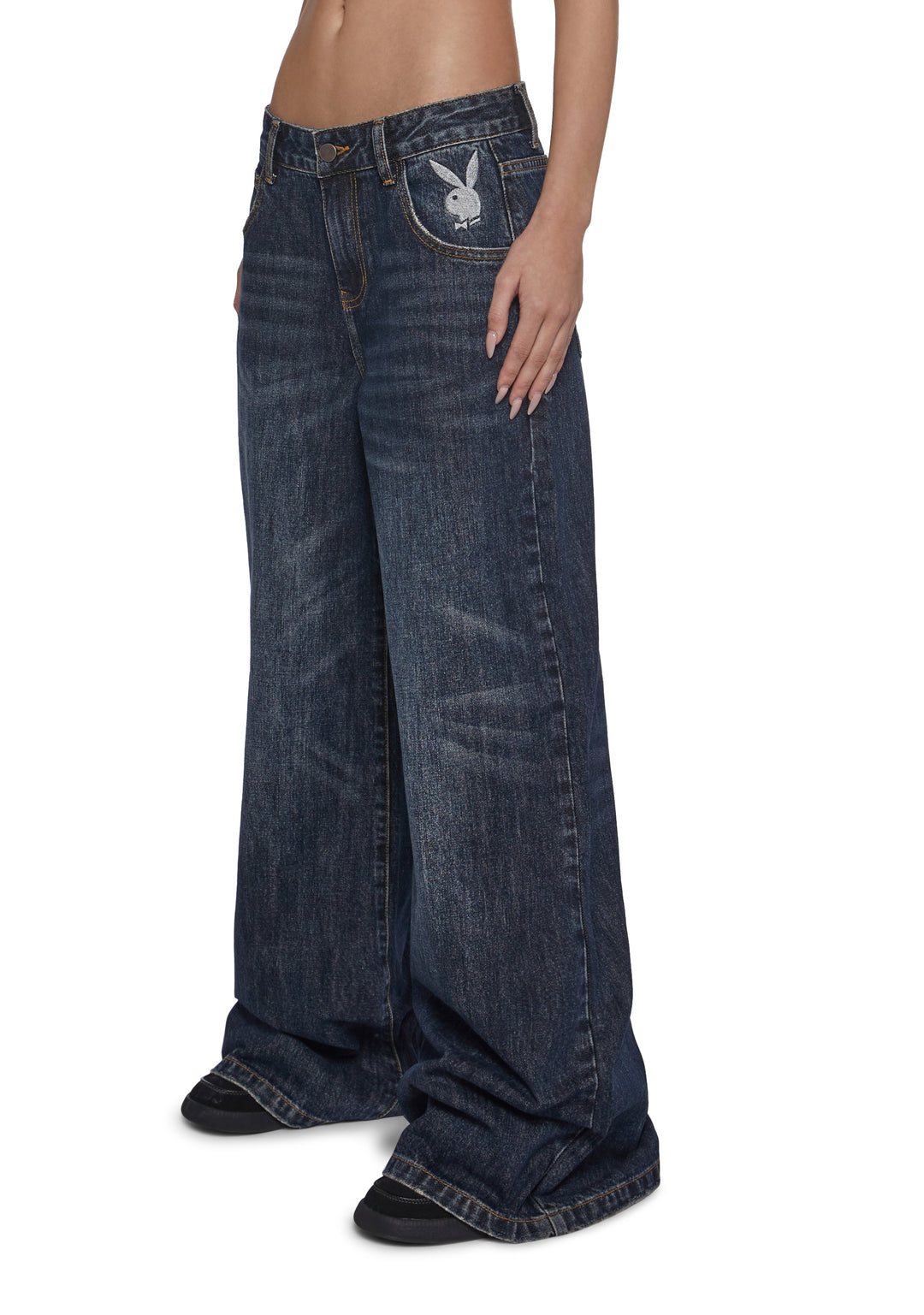Playboy by Dolls Kill Wide Leg Embroidered Jeans - Blue - Image 5