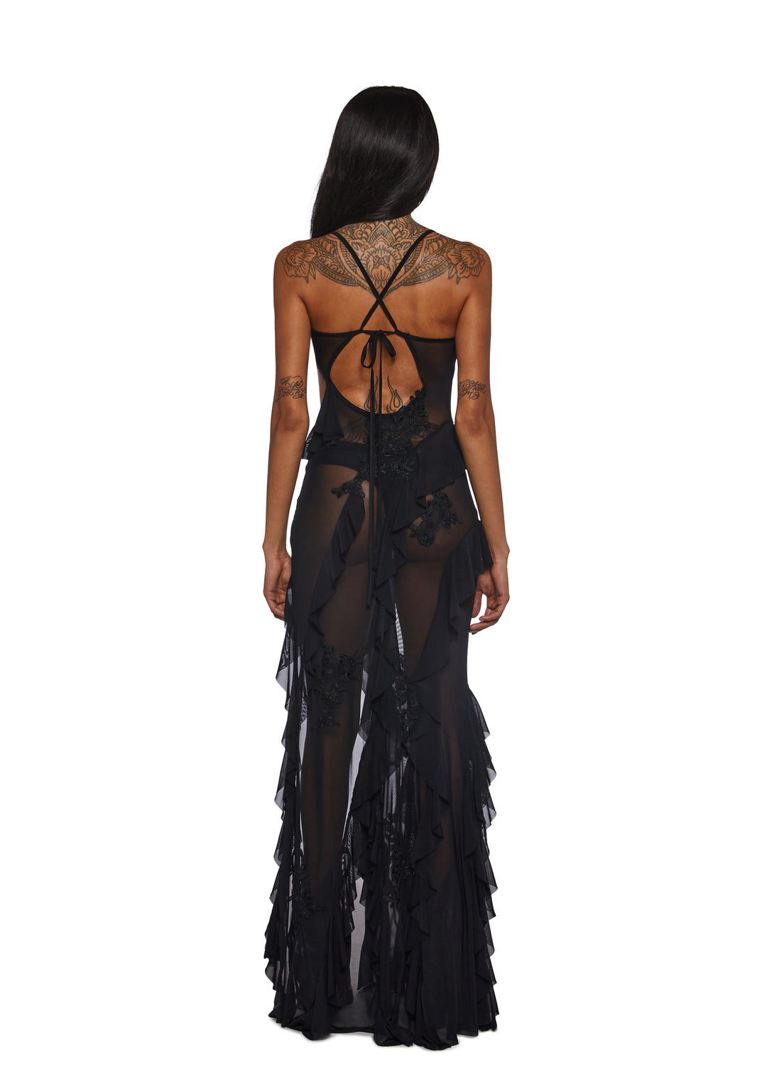 Womens Mesh Ruffled Asymmetrical Maxi Dress With Lace Appliques Current Mood - Black - Image 5