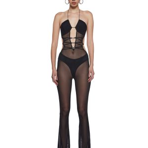 Womens Sheer Mesh Cut Out Jumpsuit - Black