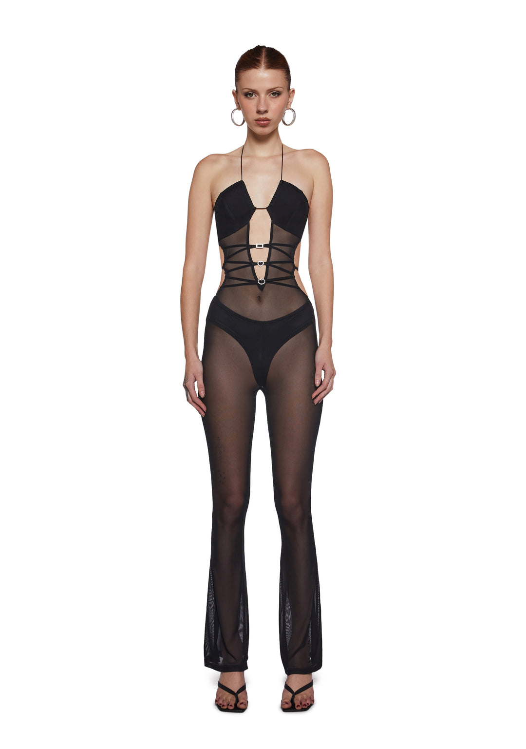 Womens Sheer Mesh Cut Out Jumpsuit - Black