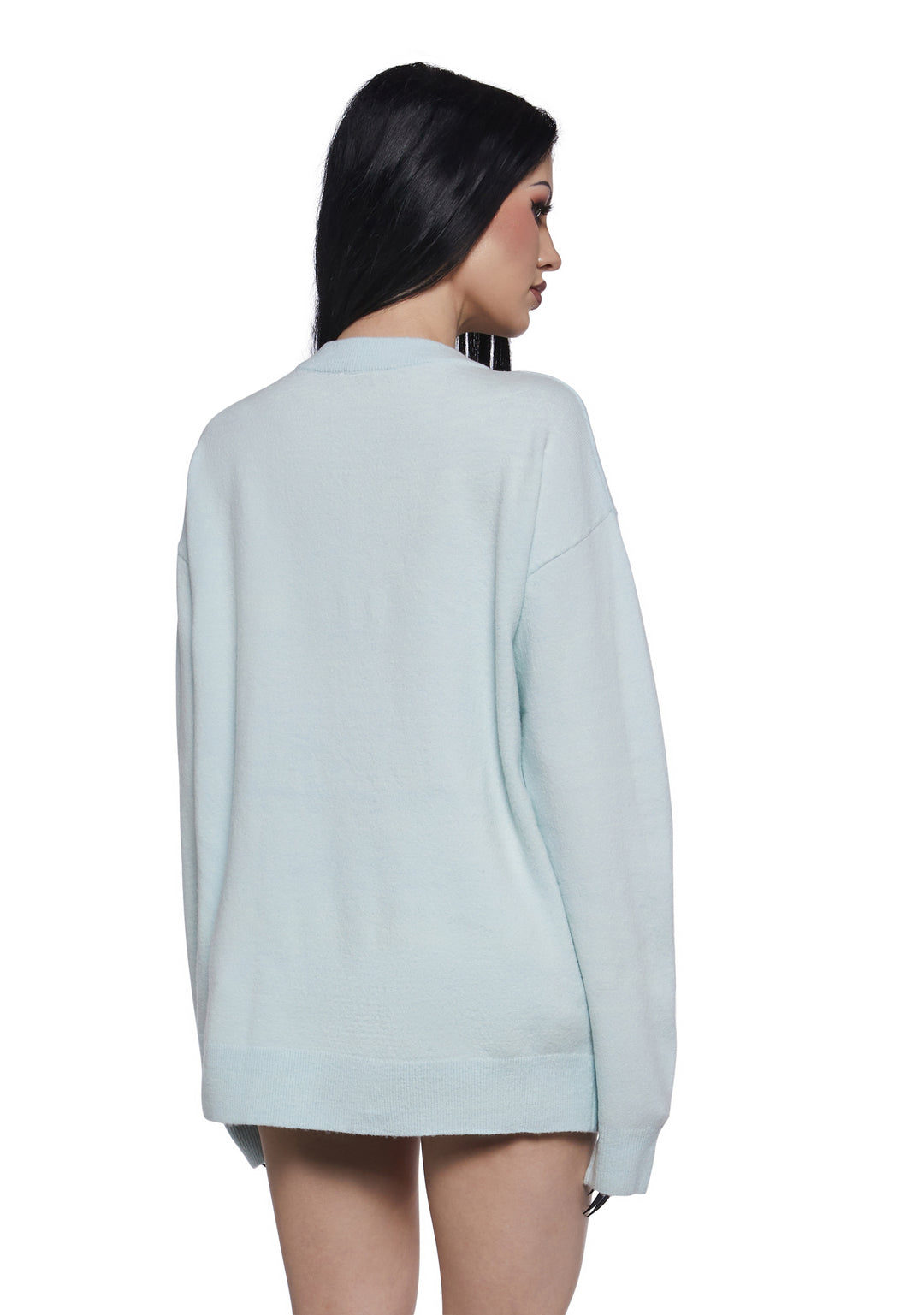 Stretchy Acrylic Knit Snowman Holly Button Intarsia Sweater Sugar Thrillz - Light Blue - Image 4