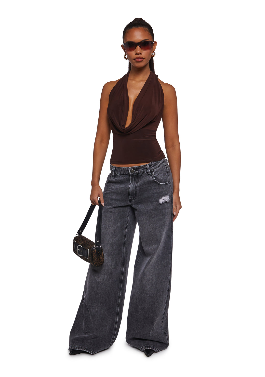 Womens Cowl Neck Top - Brown - Image 2