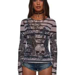 Womens Mesh Long Sleeve Striped Graphic Top Current Mood - Multi