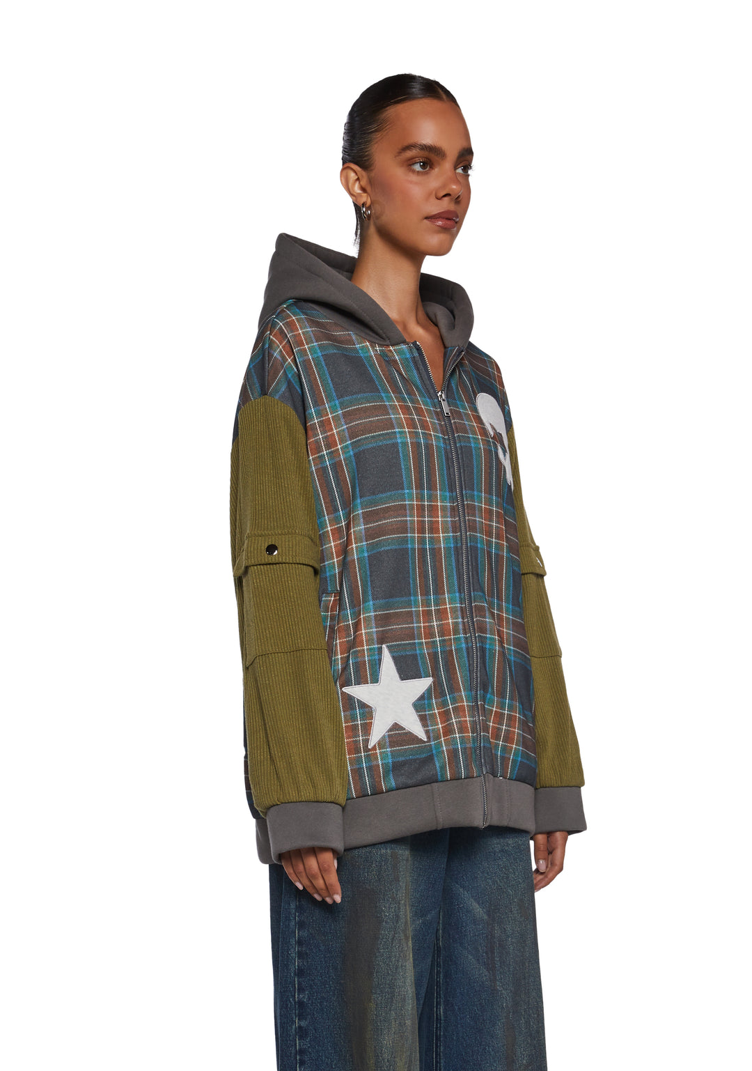 Womens Sexy Plaid Hoodie With Skull And Star Graphics 90s Y2K Current Mood - Multi - Image 3