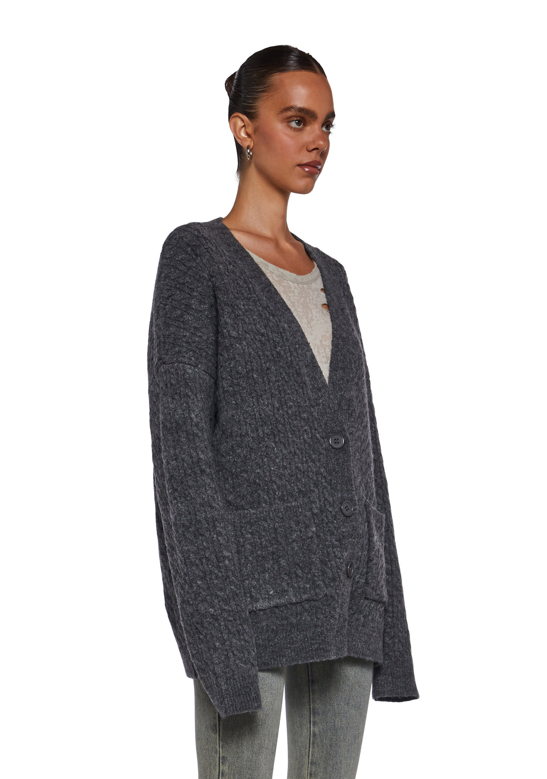 Womens Distressed Cable Knit Cardigan Current Mood - Gray - Image 3