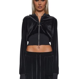 Womens Corsetted Velour Sweatshirt Hoodie Darker Wavs - Black