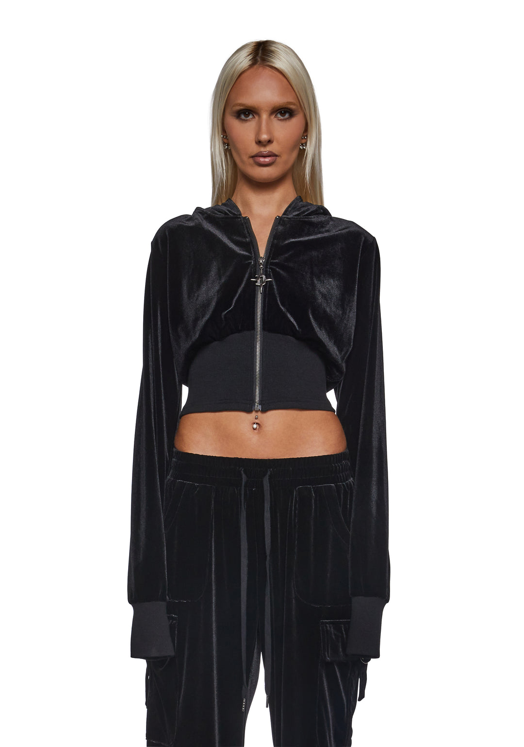 Womens Corsetted Velour Sweatshirt Hoodie Darker Wavs - Black