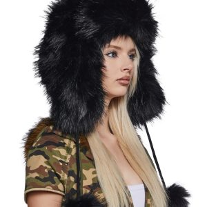 Faux Fur Flap Hat With Pom Poms Generation Kiss - Black