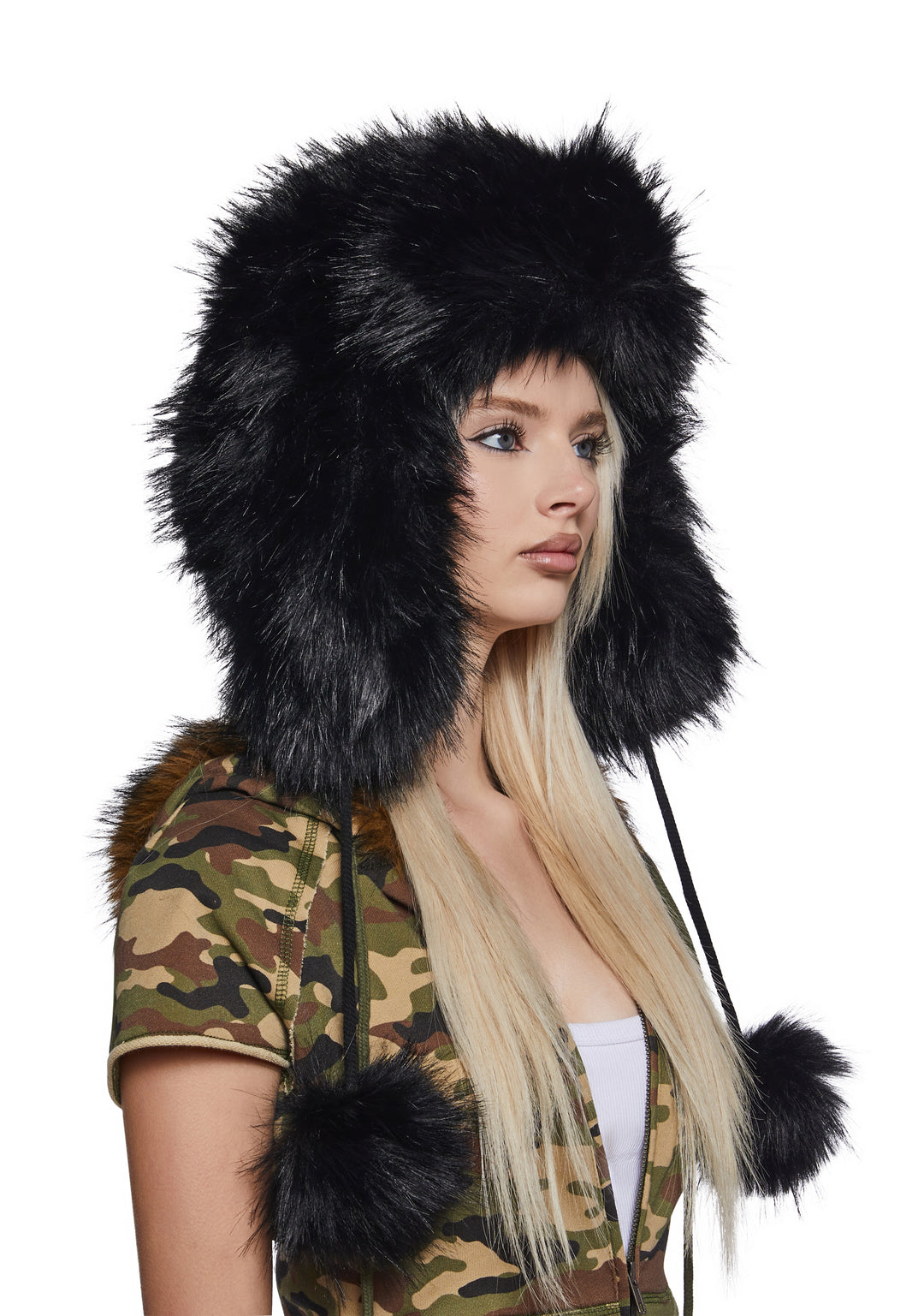 Faux Fur Flap Hat With Pom Poms Generation Kiss - Black