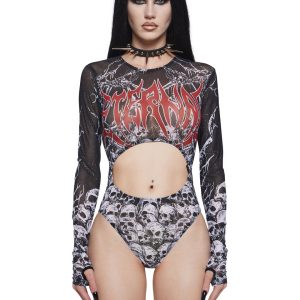 Womens Metal Goth Skull Mesh Cut Out Bodysuit Widow - Black