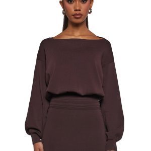 Womens Knit Mini Dress With Long Sleeves - Brown