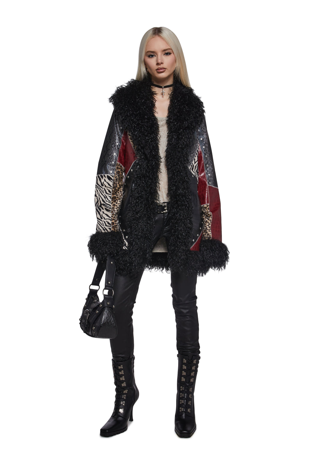 Womens Patchwork coat With Faux Fur Trim - Multi - Image 2