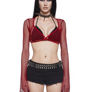 Womens Goth Fishnet Cropped Shrug Widow - Red