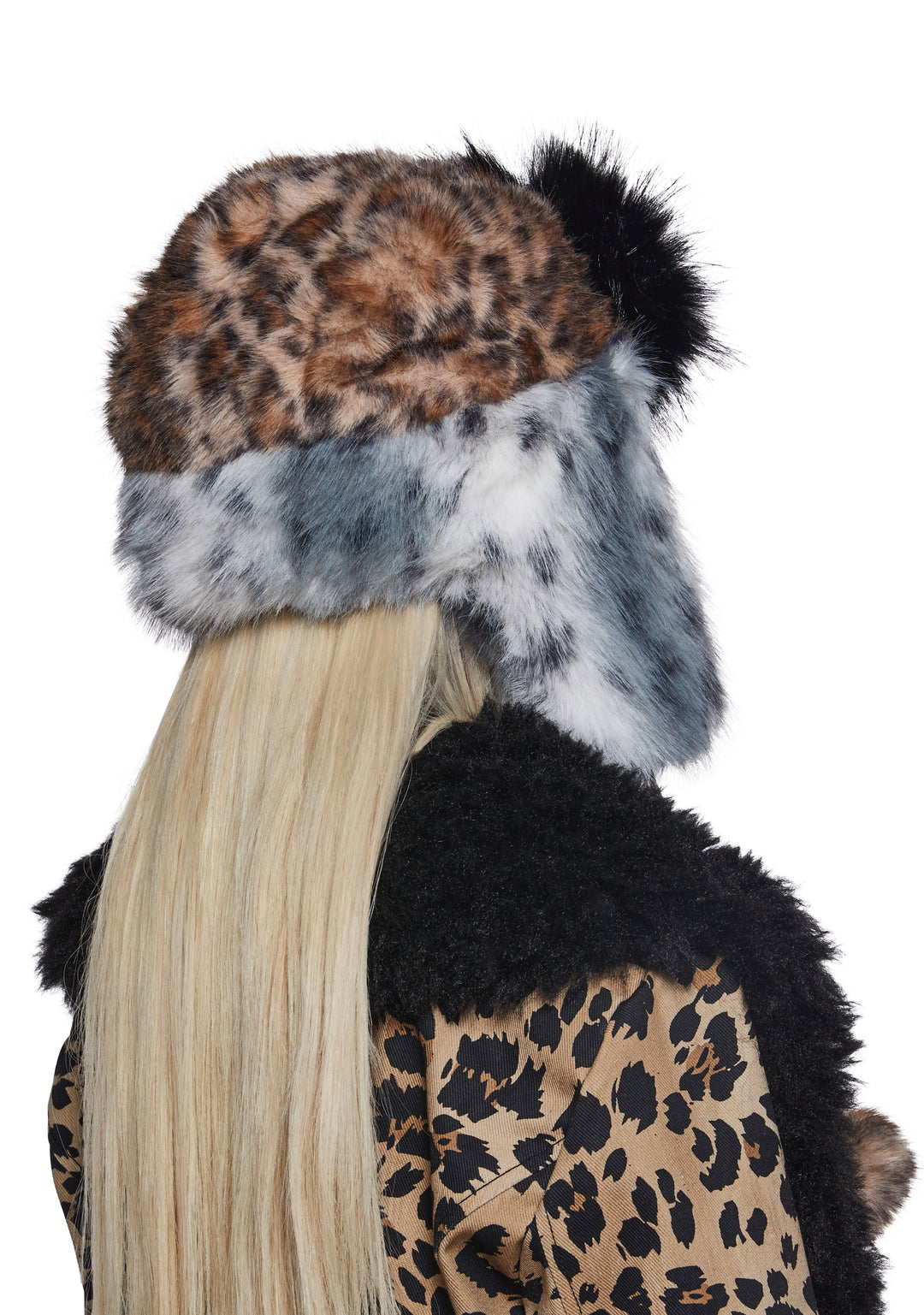 Faux Fur Leopard Flap Hat With Pom Poms Generation Kiss - Multi - Image 3