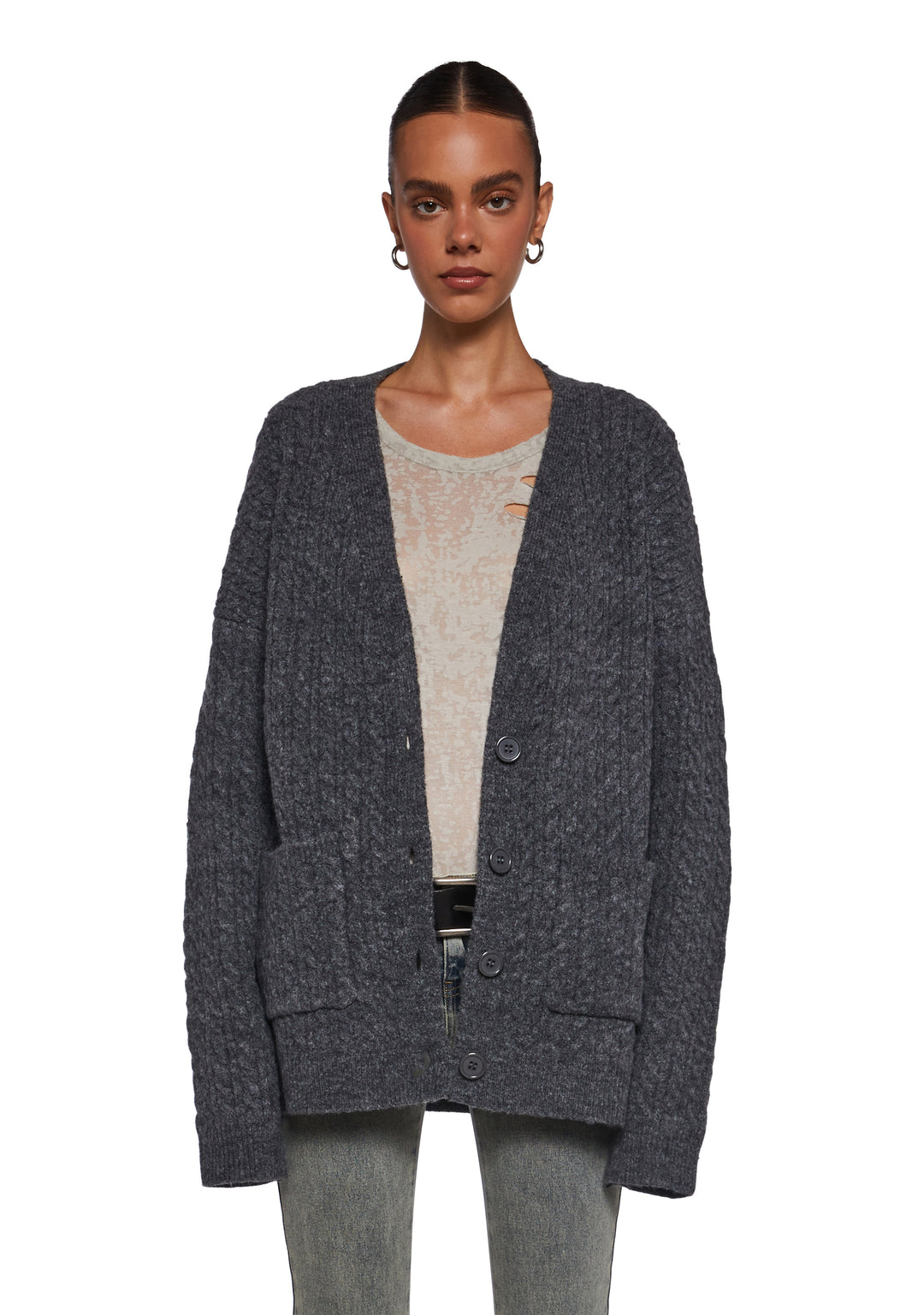 Womens Distressed Cable Knit Cardigan Current Mood - Gray - Image 6