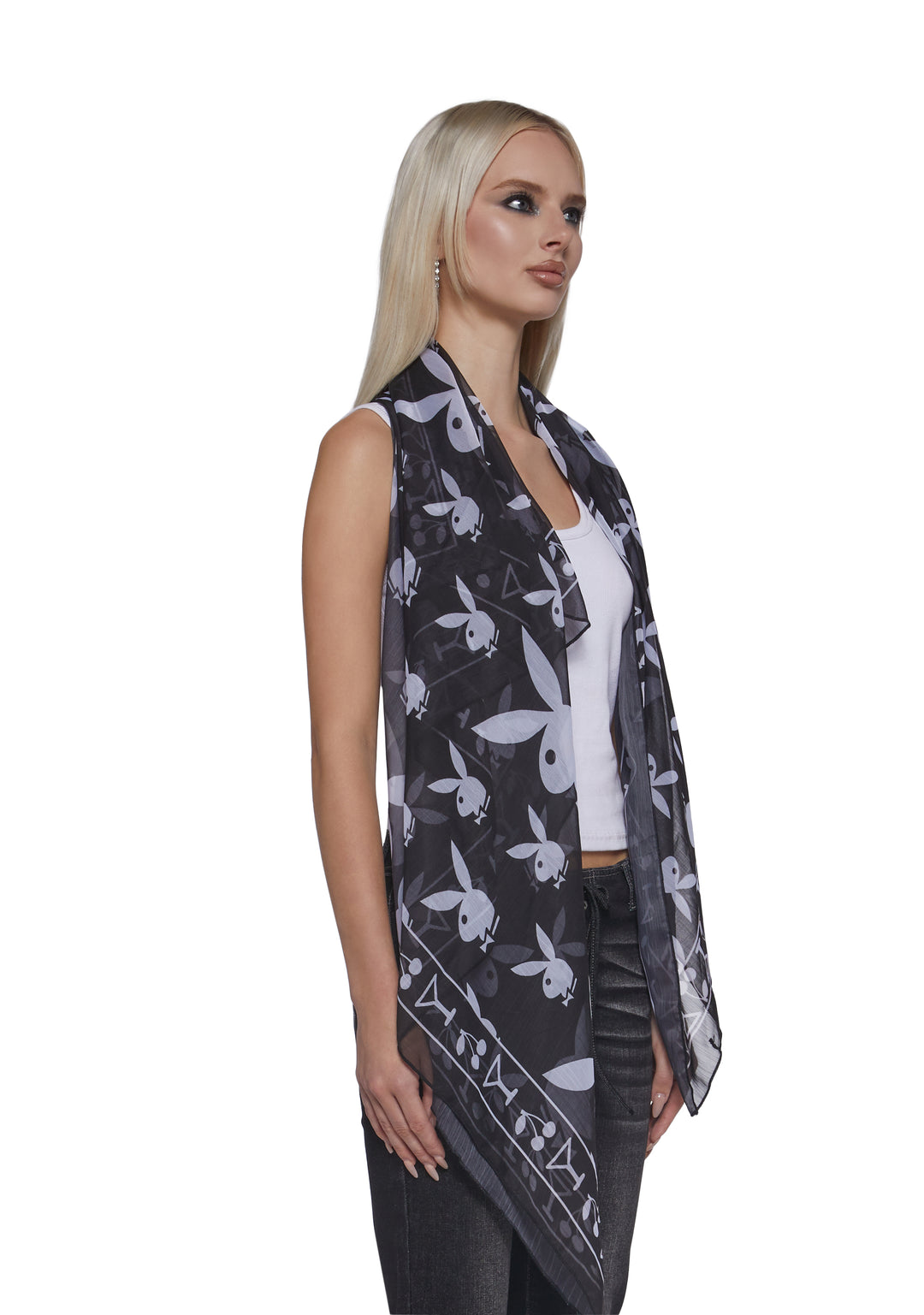 Playboy by Dolls Kill Bunny Graphic Printed Scarf - Black - Image 3