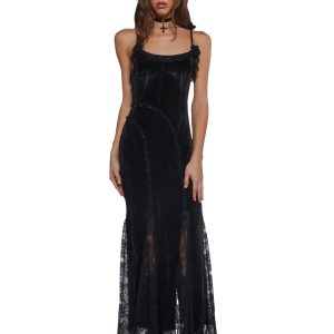 Betsey Johnson Crushed Velvet Maxi Dress With Rosettes - Black