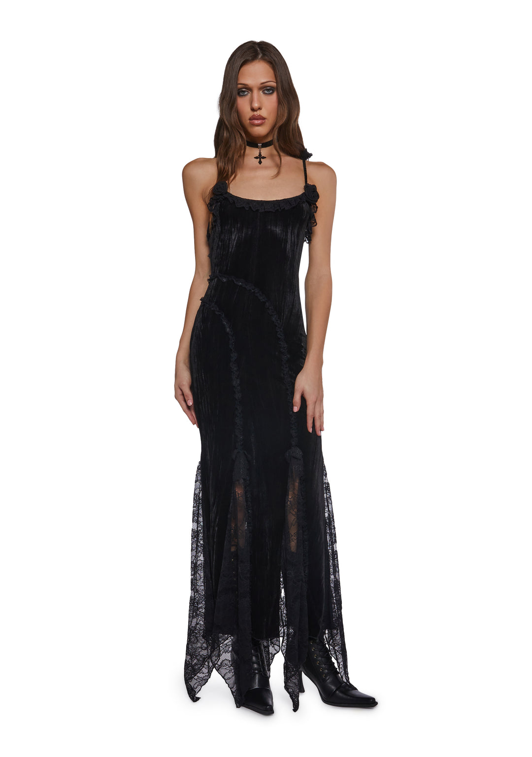 Betsey Johnson Crushed Velvet Maxi Dress With Rosettes - Black
