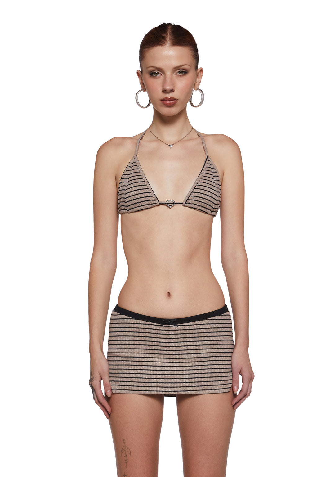Womens Sexy Striped Bralette Skirt And Hoodie - Brown - Image 7