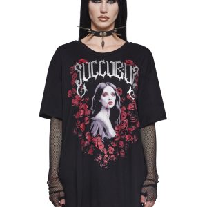 Widow Vampire Goth Succubus Roses Graphic Print Stretchy Knit Fishnet Long Sleeve Top - Black