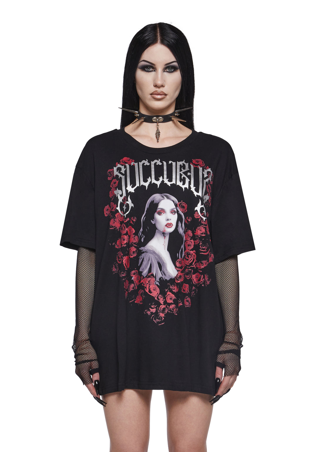 Widow Vampire Goth Succubus Roses Graphic Print Stretchy Knit Fishnet Long Sleeve Top - Black