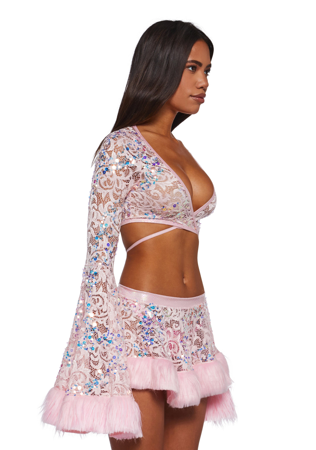 J Valentine Sequin Faux Fur Trimmed Wrap Top - Pink - Image 3