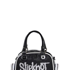 Dolls Kill x Slipknot Patent Vegan Leather Rhinestone Studded Band Logo Bowler Bag - White