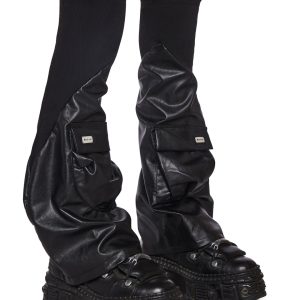 Womens Vegan Leather Pocket Leg Warmers Club Exx - Black