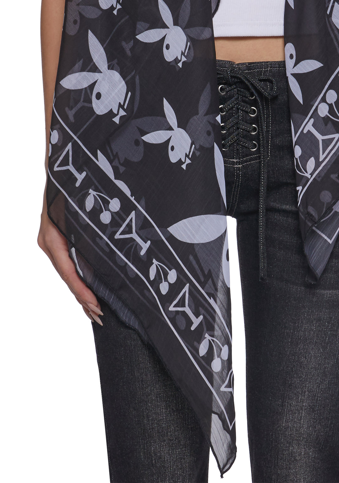 Playboy by Dolls Kill Bunny Graphic Printed Scarf - Black - Image 4