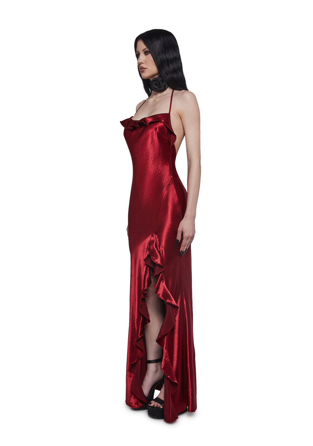 Womens Satin Maxi Dress With Ruffles Widow - Red - Image 5