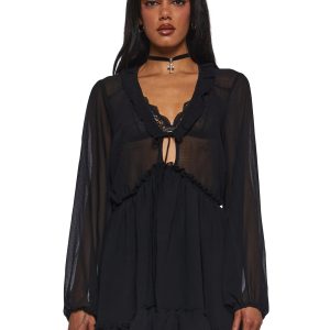 Current Mood Sheer Chiffon Ruffled Babydoll Dress - Black