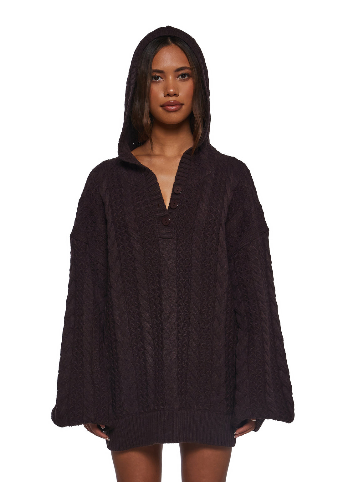 Womens Chunky Knit Pullover Hoodie Current Mood - Purple