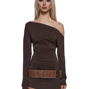 Womens Boat Neck Dress - Brown