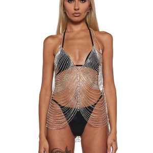 Womens Sexy Sheer Rhinestone Chain Chemise - Silver