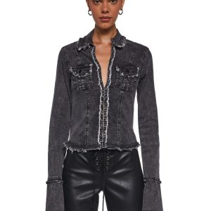 Womens Washed Distressed Denim Long Sleeve Top Current Mood - Black