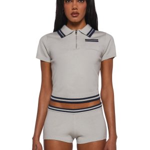 Womens Polo Crop Top And Shorts Set Preppy Current Mood - Gray