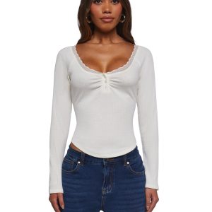 Womens Long Sleeve Ribbed Top With Lace - Ivory