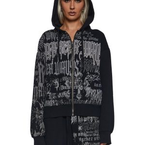 Washed Hoodie With Graphics Darker Wavs - Black