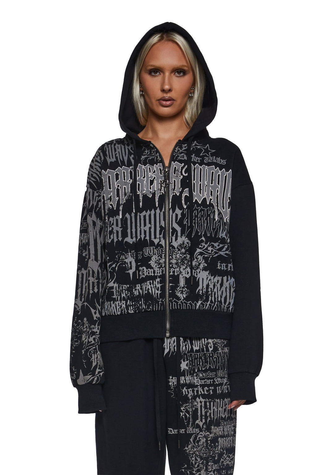 Washed Hoodie With Graphics Darker Wavs - Black