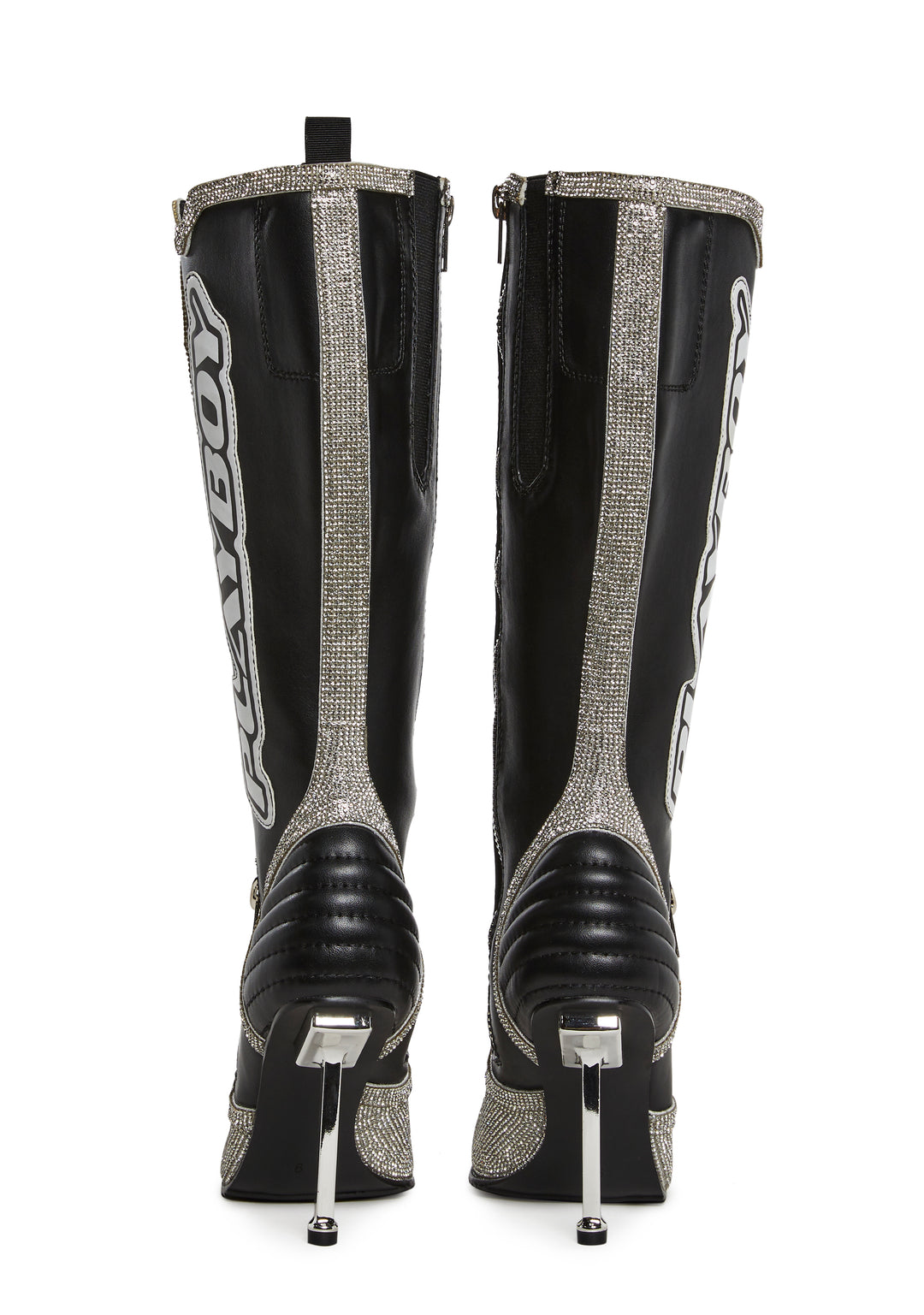 Dolls Kill x Playboy Playmate Vegan Leather Padded Moto Stiletto Boots - Black/White - Image 4