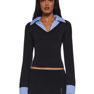 Womens Long Sleeved Collared Top - Blue