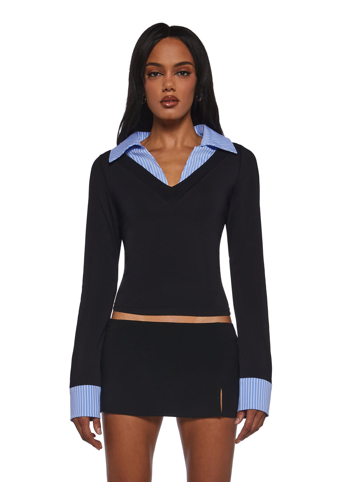 Womens Long Sleeved Collared Top - Blue