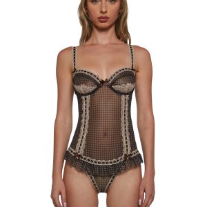 Womens Houndstooth Mesh Teddy With Lace Sugar Thrillz - Brown