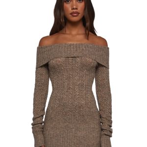 Womens Cable Knit Off The Shoulder Mini Dress - Beige