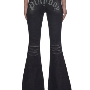 Playboy by Dolls Kill Womens Denim Rhinestone Boot Cut Jeans - Blue